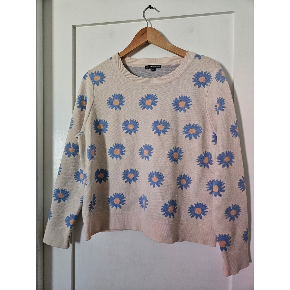 Adrianna Papell Daisy Floral Intarsia Knit Sweater Large Blue Cream